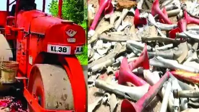 പൊലൂഷൻ സർട്ടിഫിക്കറ്റ് ഇല്ല; കൊച്ചിയിൽ പിടിച്ചെടുത്ത എയർ ഹോണുകൾ തകർത്ത ‌റോഡ് റോളറിന് നോട്ടീസ് അയച്ച് എംവിഡി