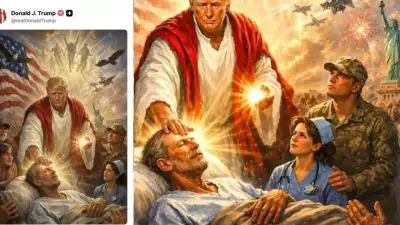 സ്വയം രക്ഷകനായ് ചിത്രീകരണം, മാര്‍പാപ്പയെ വിമര്‍ശിച്ച് പിന്നാലെ യേശുവായി ചിത്രീകരിച്ച ചിത്രവുമായി ട്രംപ്; വ്യാപക പ്രതിഷേധത്തിന് പിന്നാലെ ചിത്രം നീക്കി